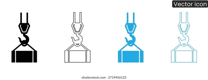 Un conjunto de ganchos para grúas industriales que levantan contenedores en varios colores y estilos para su uso en contextos industriales y de construcción.