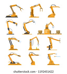 Set of industrial equipment in form arm robots, robotic equipment, factory machines. Industrial technologies, hands with conveyor belt, nozzles in form of forceps, suction cups. Vector illustration.