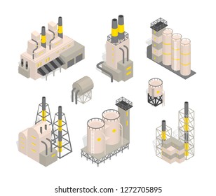 Set Industrial Factories Plant Building Isometry Vector Illustration. Industrial Production Factory.