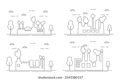 Set of Industrial Factories with Steaming Pipes Line Art. Industrial plants and production of goods vector art