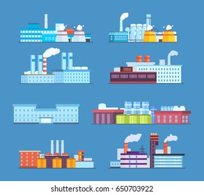 Set of industrial and factory buildings: industrial, chemical, helium plants, oil, administrative building and hospital. Modern vector illustration isolated.