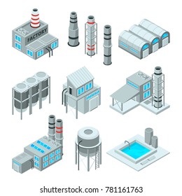 Set of industrial or factory buildings. Isometric 3d pictures. Industry factory building, architecture industrial, vector illustration