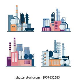 Set of industrial factory and chemical plant buildings isolated on white background. Іcons set colorful illustration in flat style