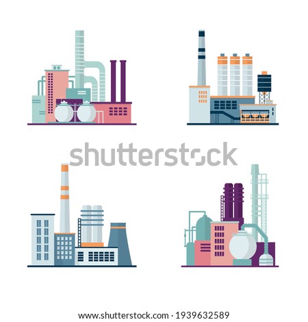 Set of industrial factory and chemical plant buildings isolated on white background. Іcons set colorful illustration in flat style