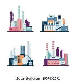 Set of industrial factory and manufacturing buildings isolated on white background. Іcons set colorful illustration in flat style