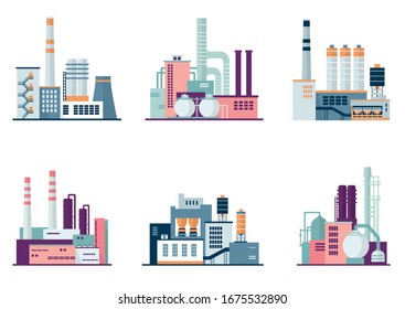 Set of industrial factory and plant buildings isolated on white background.  Іcons set colorful illustration in flat style