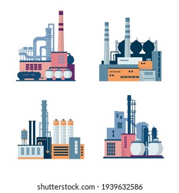Set of industrial factory and plant buildings isolated on white background. Іcons set colorful illustration in flat style