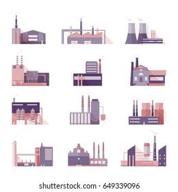 Set of industrial factory and plant buildings. Collection manufacturers with smoking chimneys. Vector colorful illustration in flat style.