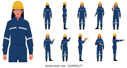 Set Of Industrial Factory Women Worker Different Posses Flat Style Illustration Isolated On White Background