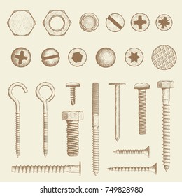 Set of industrial fasteners. Bolt, screws and nail in hand drawn style. Stock Vector sketch illustration