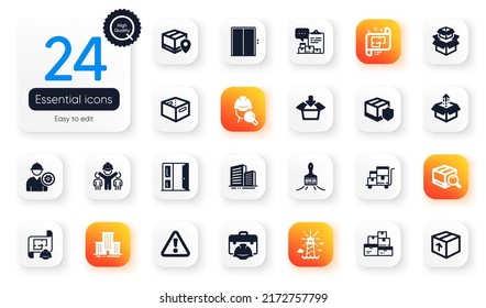 Conjunto de íconos planos industriales. Obtener, Abrir la puerta e Inspeccionar elementos para aplicaciones web. Cuadro de oficina, Advertencia, iconos del equipo de ingeniería. Seguimiento de paquetes, edificios, elementos de paquetes. Vector