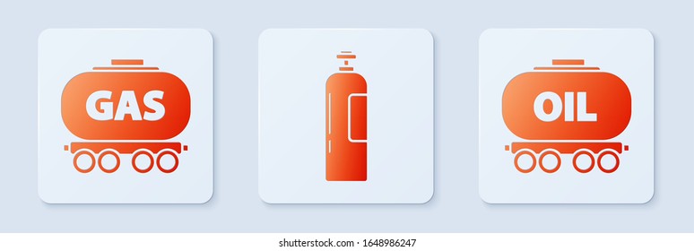Set Industrial gas cylinder tank, Gas railway cistern and Oil railway cistern. White square button. Vector