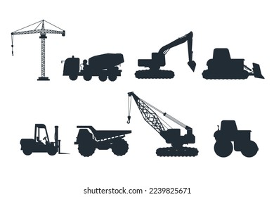 Set of industrial heavy machinery silhouette transportation isolated on white background