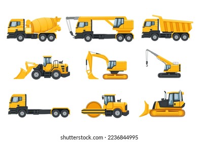 Set of industrial heavy machinery transportation isolated on white background