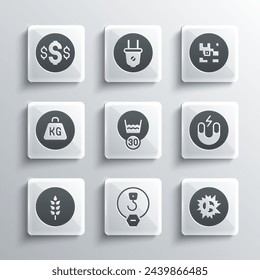 Set Industrial hook, Bomb explosion, Magnet, Temperature wash, Wheat, Weight, Dollar symbol and QR code icon. Vector