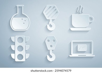 Set Industrial hook, Coffee cup, Traffic light, Laptop with envelope,  and Test tube and flask icon. Vector