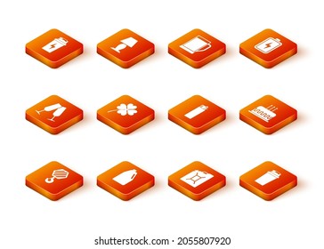 Set Industrial hook, Household chemicals bottle, Glasses of champagne, Four leaf clover, Canister for gasoline and Lighter icon. Vector
