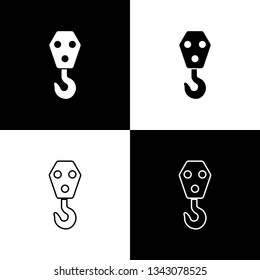 Set Industrial hook icons isolated on black and white background. Crane hook icon. Line, outline and linear icon. Vector Illustration