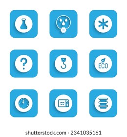 Set Industrial hook, Microwave oven, Bowl, Leaf Eco symbol, Clock, Unknown search, Medical of the Emergency and Test tube and flask icon. Vector
