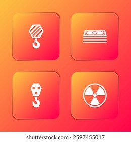 Set Industrial hook, Stacks paper money cash,  and Radioactive icon. Vector