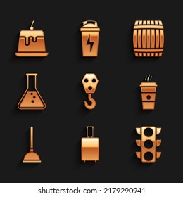 Set Industrial hook, Travel suitcase, Traffic light, Coffee cup, Rubber plunger and Test tube and flask icon. Vector