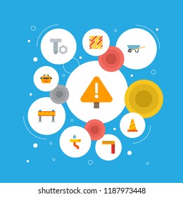 Set of industrial icons flat style symbols with gutter, wheel barrow, tool box and other icons for your web mobile app logo design.
