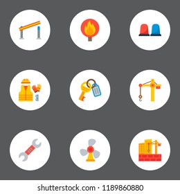 Set of industrial icons flat style symbols with keys, two-sided wrench, construction sign and other icons for your web mobile app logo design.