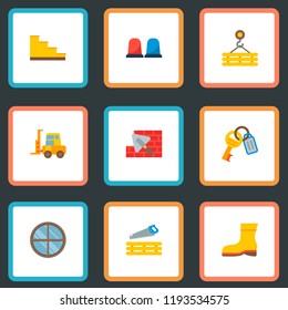 Set of industrial icons flat style symbols with carpentry work, crane hook, stairs and other icons for your web mobile app logo design.