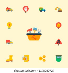 Set of industrial icons flat style symbols with tank truck, excavator, danger sign and other icons for your web mobile app logo design.