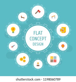 Set of industrial icons flat style symbols with dangerous area, flame warning, floor wood types and other icons for your web mobile app logo design.