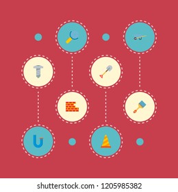 Set of industrial icons flat style symbols with straight edge brush, brick wall, warning cone and other icons for your web mobile app logo design.
