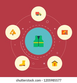 Set of industrial icons flat style symbols with moving truck, cleaners jacket, protective footwear and other icons for your web mobile app logo design.