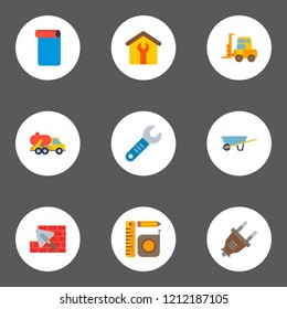 Set of industrial icons flat style symbols with wheel barrow, wrench, forklift and other icons for your web mobile app logo design.