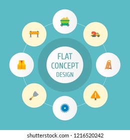 Set of industrial icons flat style symbols with warning barrier, concrete mixer, trolley and other icons for your web mobile app logo design.