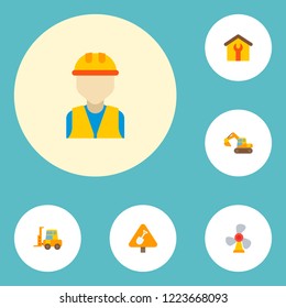 Set of industrial icons flat style symbols with excavator, construction work sign, forklift and other icons for your web mobile app logo design.