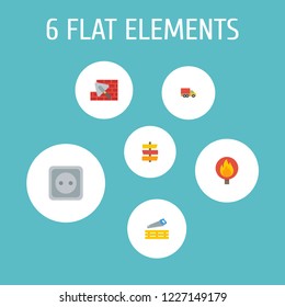 Set of industrial icons flat style symbols with power socket, flame warning, moving truck and other icons for your web mobile app logo design.