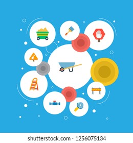 Set of industrial icons flat style symbols with ladder, warning barrier, trolley and other icons for your web mobile app logo design.