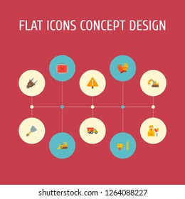 Set of industrial icons flat style symbols with protective costume, drilling work, excavator and other icons for your web mobile app logo design.