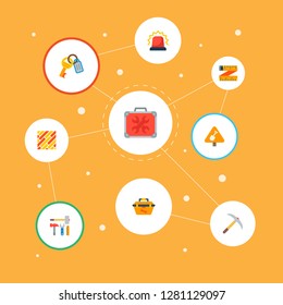 Set of industrial icons flat style symbols with keys, construction tools, pick axe and other icons for your web mobile app logo design.