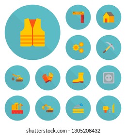Set of industrial icons flat style symbols with demolition crane, pick axe, construction site and other icons for your web mobile app logo design.