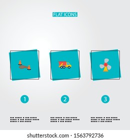 Set of industrial icons flat style symbols with dump truck, wind turbine, dangerous area and other icons for your web mobile app logo design.