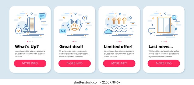 Set of Industrial icons, such as Builders union, Buildings, Evaporation symbols. Mobile app mockup banners. Lift line icons. Engineer helmet, City architecture, Global warming. Elevator. Vector