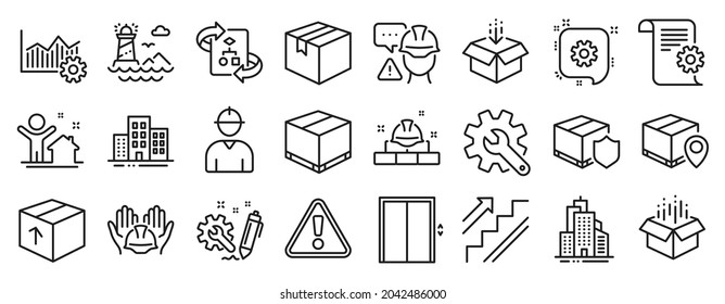 Set of Industrial icons, such as Delivery insurance, Parcel tracking, Parcel icons. Delivery box, Customisation, Engineering signs. Skyscraper buildings, Operational excellence, Buildings. Vector