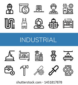 Set of industrial icons such as Engineer, Piping, Box, Overall, Hat, Worker, Settings, Machinery, Storage tank, Toolbox, Blueprint, Hammer, Lubricant, Pipe, Chisel , industrial