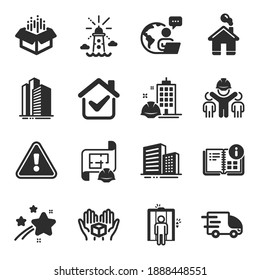 Set of Industrial icons, such as Engineering team, Hold box, Lighthouse symbols. Open box, Construction building, Instruction info signs. Buildings, Truck delivery, Engineering plan. Home. Vector