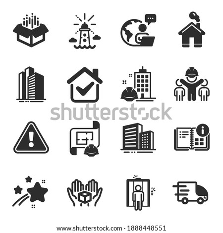 Set of Industrial icons, such as Engineering team, Hold box, Lighthouse symbols. Open box, Construction building, Instruction info signs. Buildings, Truck delivery, Engineering plan. Home. Vector