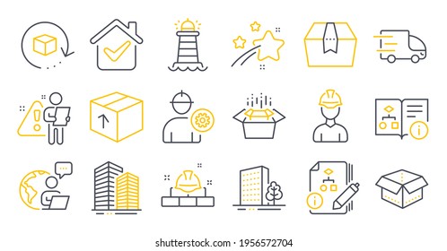 Set of Industrial icons, such as Foreman, Technical algorithm, Lighthouse symbols. Return package, Truck delivery, Engineer signs. Skyscraper buildings, Buildings, Open box. Packing boxes. Vector
