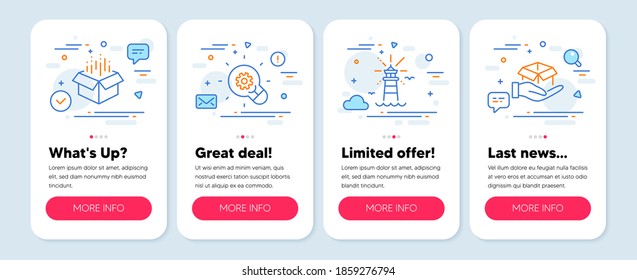 Set of Industrial icons, such as Innovation, Open box, Lighthouse symbols. Mobile app mockup banners. Hold box line icons. Light bulb, Delivery package, Navigation beacon. Delivery parcel. Vector