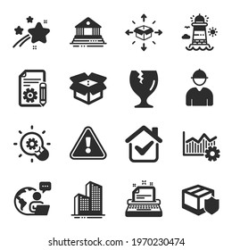 Set of Industrial icons, such as Innovation, Documentation, Fragile package symbols. Typewriter, Engineer, Lighthouse signs. Operational excellence, Open box, Skyscraper buildings. Vector