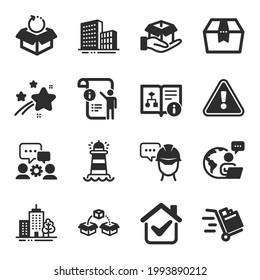 Set of Industrial icons, such as Lighthouse, Return package, Engineering team symbols. Manual doc, Hold box, Technical algorithm signs. Skyscraper buildings, Buildings, Push cart. Foreman. Vector